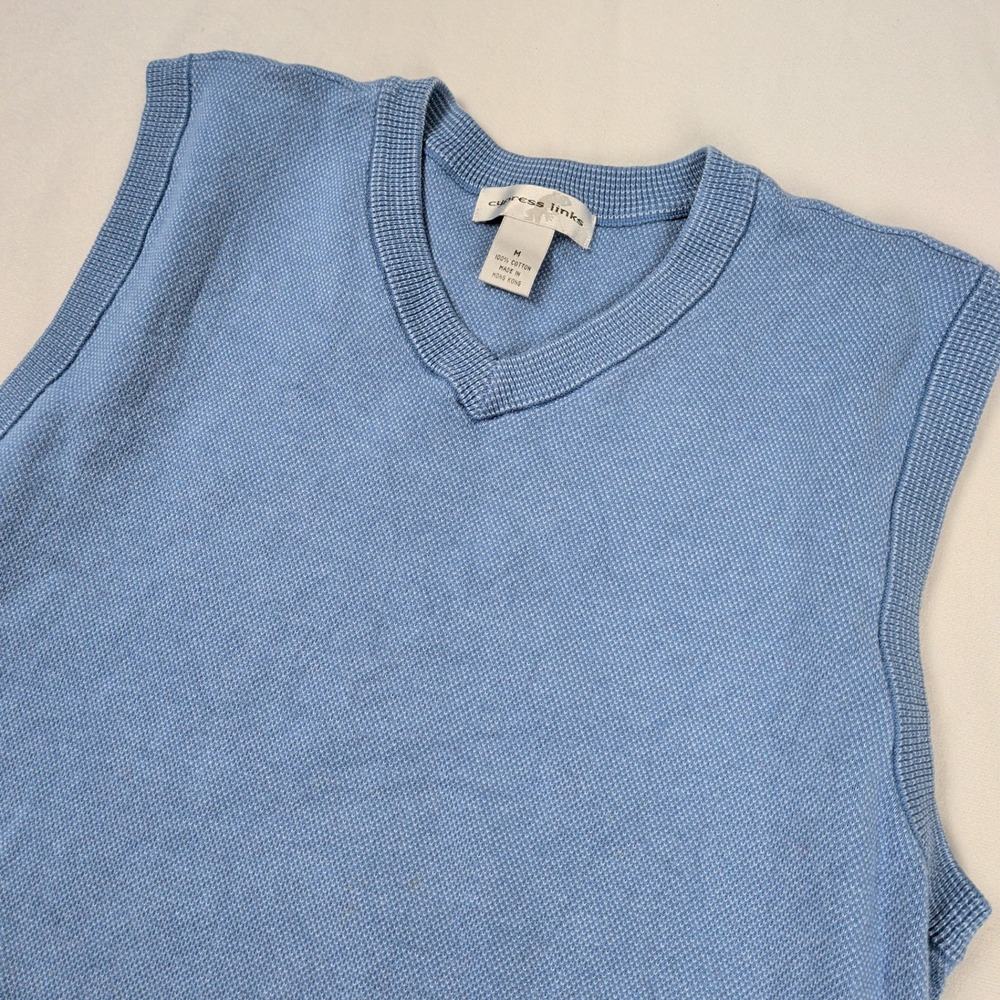 Mens Blue Cotton V-Neck Birdseye Knit Sweater Vest Medium Old Money‎ Golf